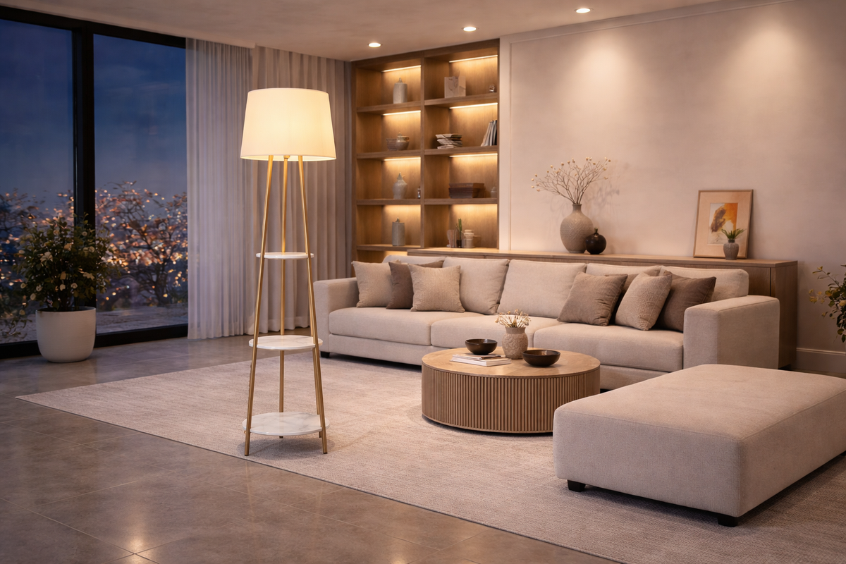 Elva – Lampadaire design avec étagères